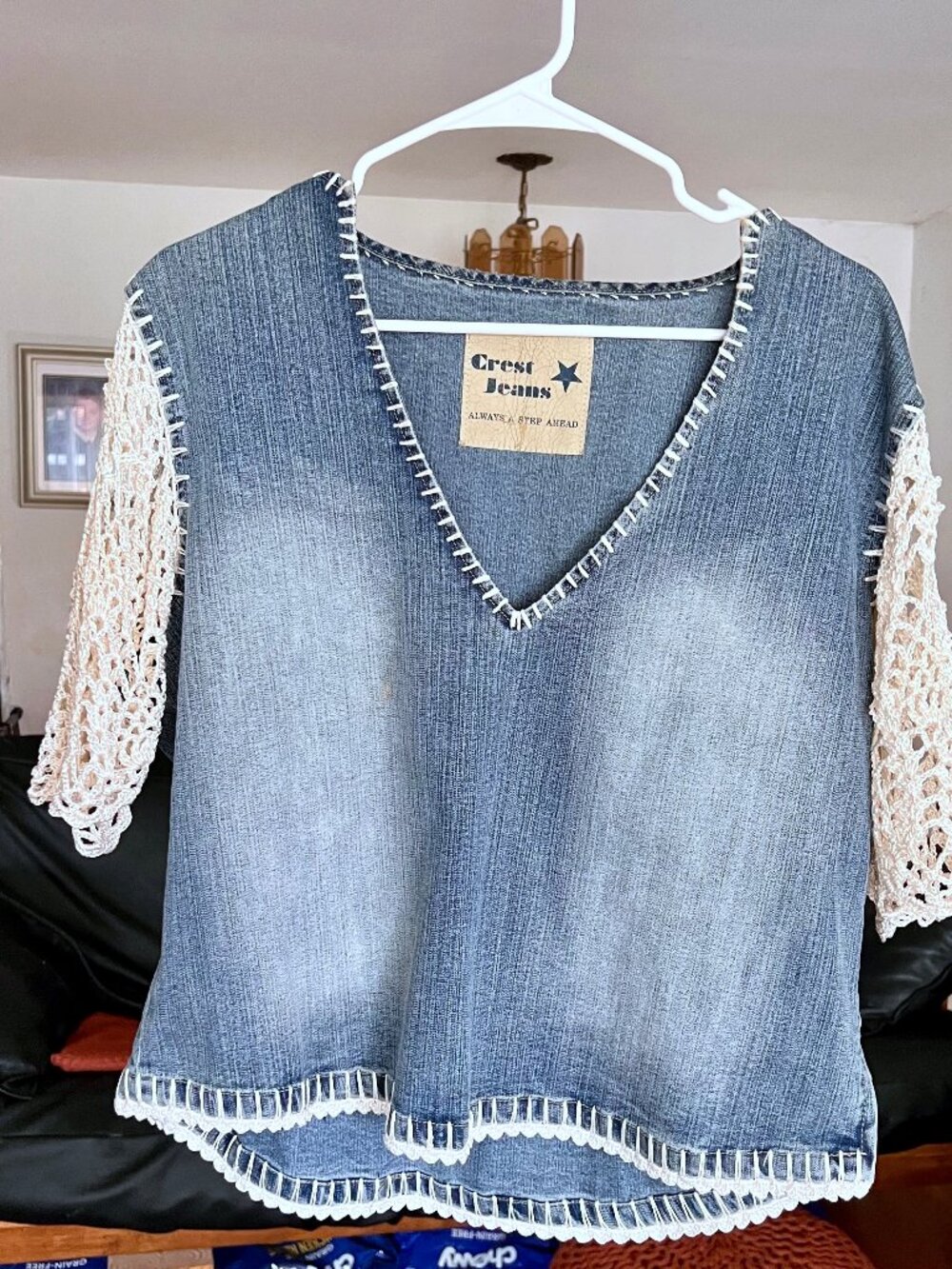 CREST JEANS Mixed Media Crochet Sleeve Denim V-Neck Boho Western TOP Sz. 1X
